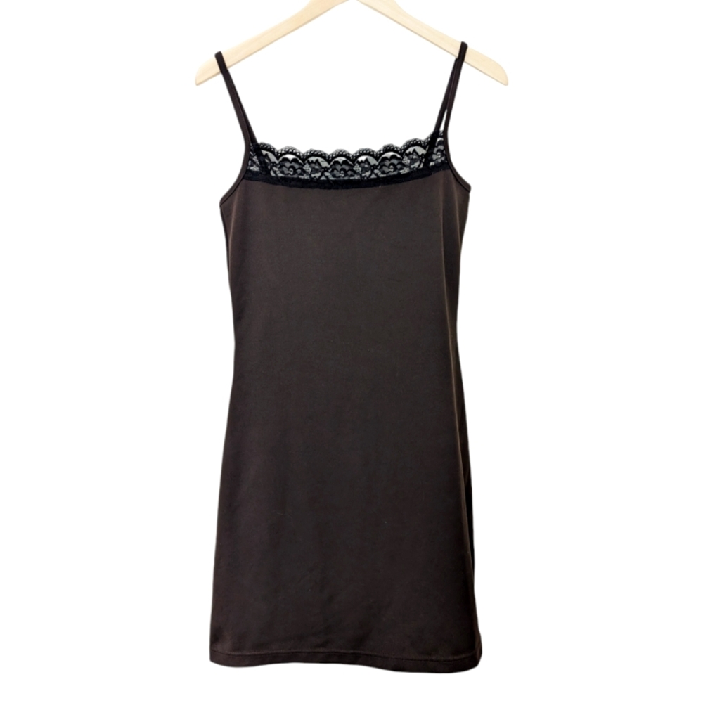 Currants Vintage Y2K Brown Lace Trim Spaghetti Strap mini slip dress, size M